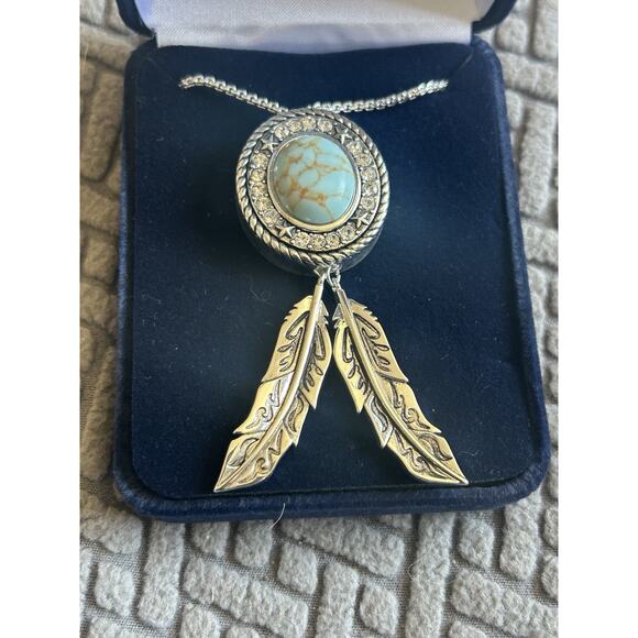 Montana Silversmiths Jewelry - Montana Silversmiths Turquoise & Feathers Long Necklace Pendent Rhinestones